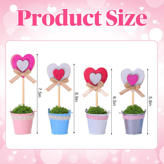 4 Pcs Valentines Heart Pot Wood Decoration, Mini Rustic Candy Heart Potted Sign, Artificial Valentine's Day Plant Potted Tabletop for Centerpiece Tiered Tray Decor Gifts