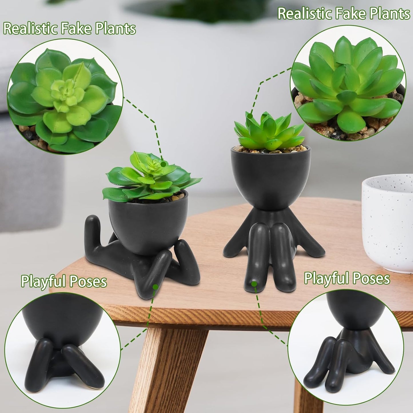Zerzsy 2PCS Cute Artificial Succulent Plants with Black Human Shaped Pots, Fake Succulents Desk Decor Plant, Mini Potted Planter for Office Decor Desktop Bathroom Decor