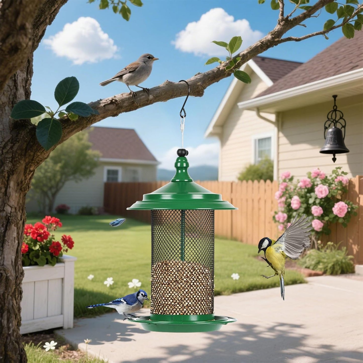 Squirrels Outdoor Bird Feeder Metal Construction Feeding Ports Weatherproof Roof Design for Finches Squirrels Bird Feeder