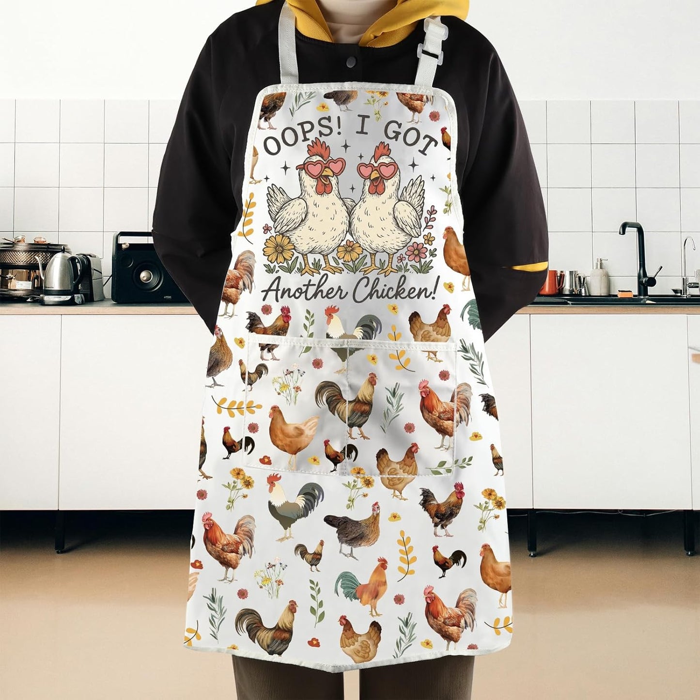 WCGXKO Oops I Got Another Chicken Kitchen Apron Animal Rustic Farmhouse Gift Country Floral Hen Merch