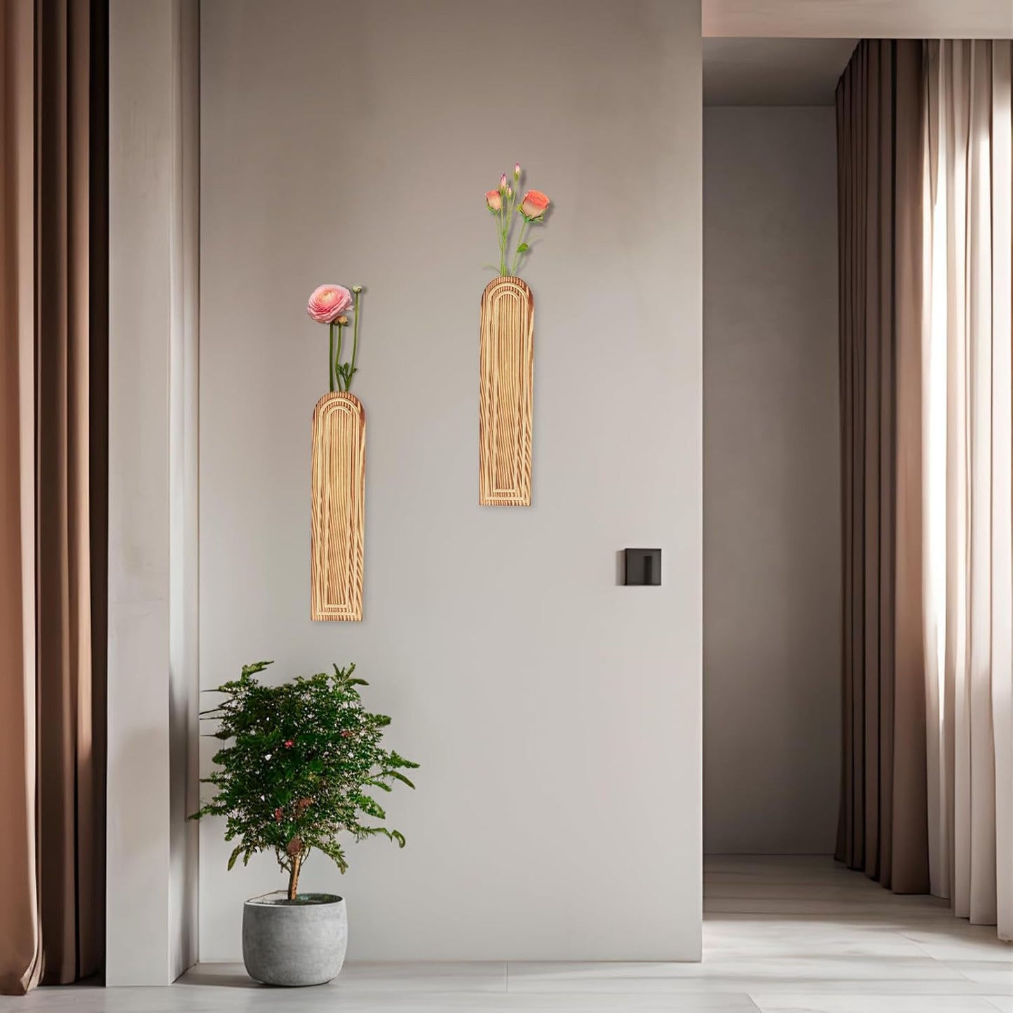 2Pcs Wood Wall Planter Modern Wood Wall Vase Geometric Hanging Planter Farmhouse Pocket Vase Rustic Decor for Indoor Vegetation Living Room Bedroom Decor Artificial Flowers