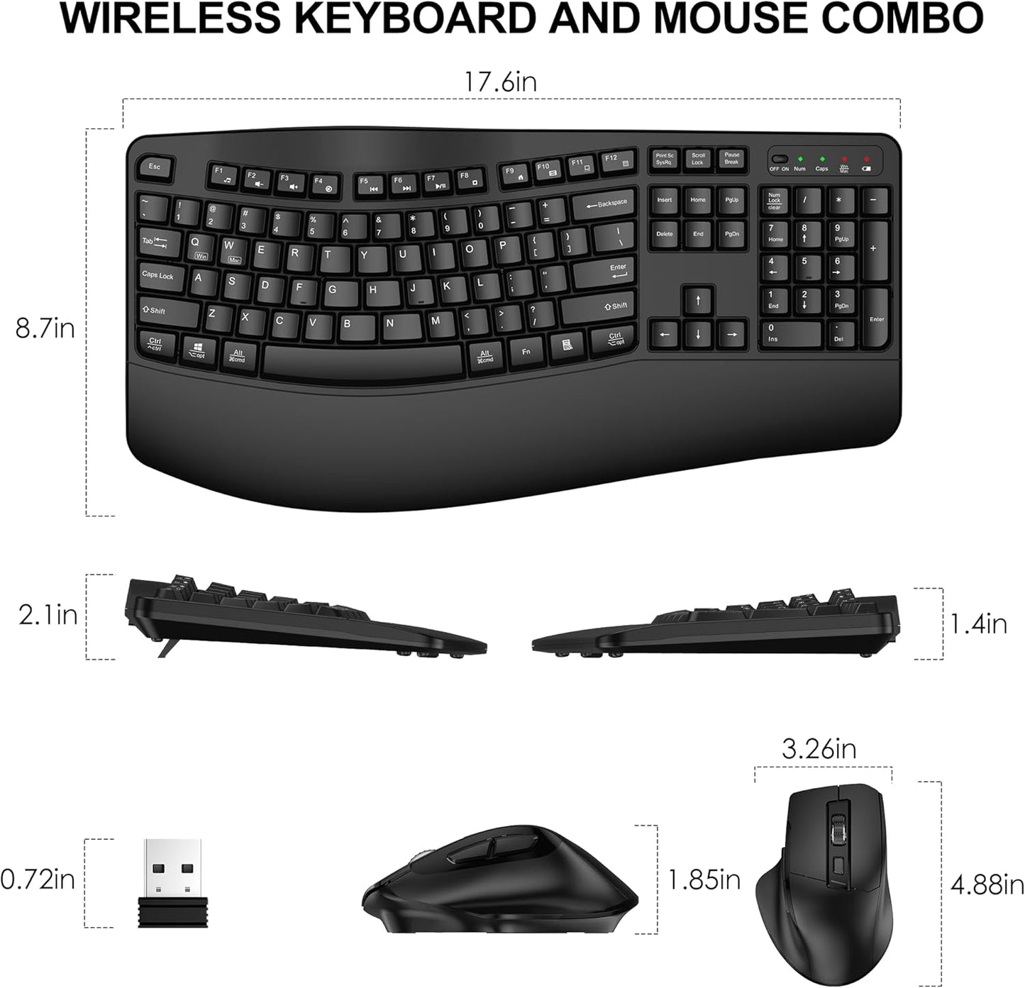 Wireless Keyboard and Mouse Combo, 2.4G Full Size Wave Keys Ergonomic