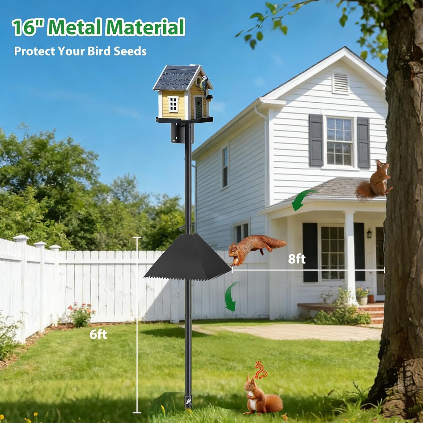 16" Metal Squirrel Baffle, Outdoor Bird Feeder Pole Squirrel Spikes Baffle, Hanging Bird Feeder for 4x4 Wooden Posts,Tree Trunks (Black,1pc)