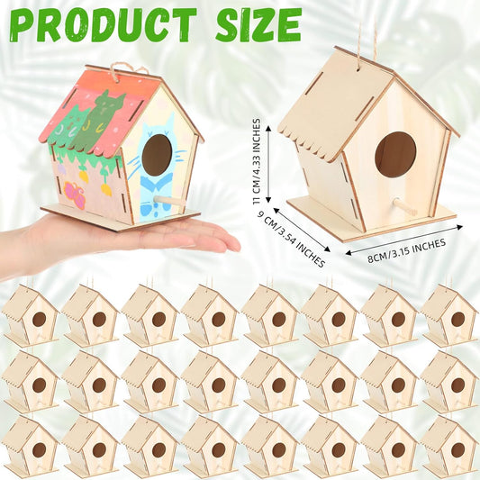 24 Pack 4. 3" Wooden Bird Houses Bulk for Kids with Front Perch Peg, DIY Kid Art Craft Outdoor Birdhouse Kit Unfinished Hanging Birdhouse Class Activity for Girls Boys to Build and Paint