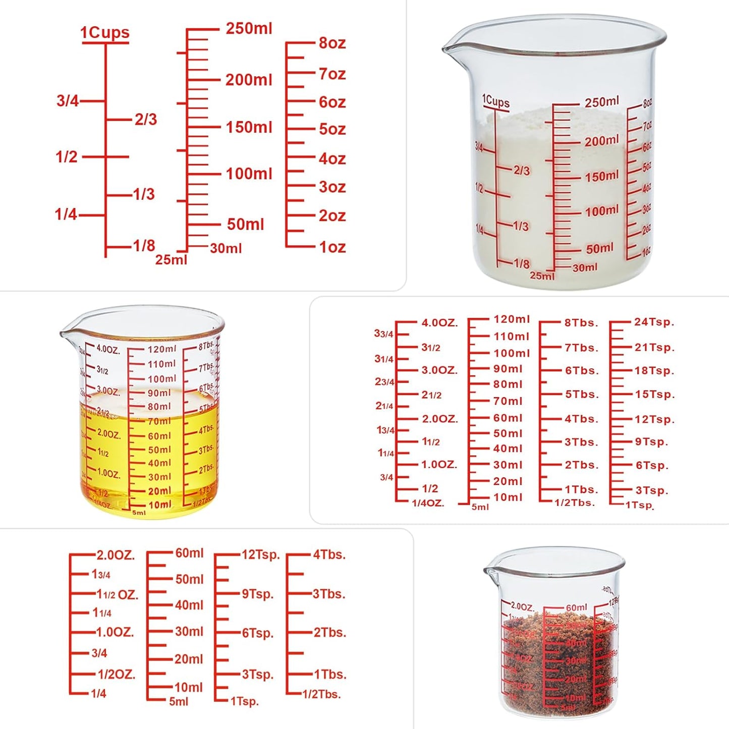Ackers High Borosilicate Glass Measuring Cup Set with Pour Spout,60ml(2OZ),120ml(4OZ), 250ml(8OZ) Glass Measuring Beaker for Kitchen or Restaurant, Easy to Read
