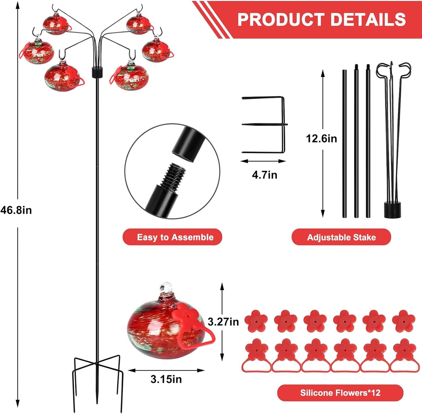 Wind Chimes Hummingbird Feeders for Outdoors Hanging(6 Feeding Stations) Hand Blow Glass Hummingbird Feeder with Shepherd Hook,Never Leak,Garden Decor for Outside(Phoenix Tail Red)