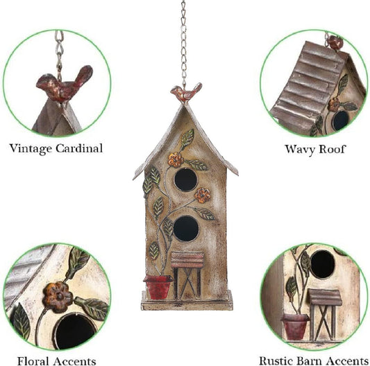 Jemeni 15" H Distressed Metal Birdhouses for Outdoors Hanging, Bird House Decorative for Outside Garden Yard, Double Hole with Floral Accents…………