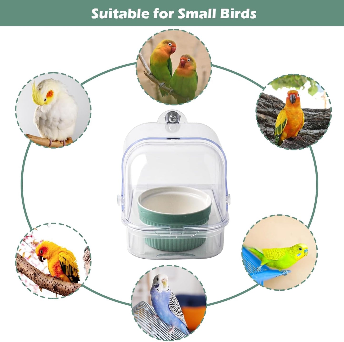 Bird Cage Feeder with Ceramic Bowl,2 in 1 No Mess Bird Feeder and Transparent Parakeet Bathtub with Bottom Drawer Hanging Tube Shower Box for Birds Budgies Parakeet Small Parrot Cockatiels