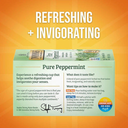 Twinings Pure Peppermint Herbal Tea Individually Wrapped Bags, 20 Count (Pack of 1), Fresh Minty Flavour, Naturally Caffeine-Free, Enjoy Hot or Iced, 20 Teabags