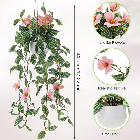 2 Packs Fake Hanging Plants Artificial Decor Small Hanging Plant Pot with Artificial Vines and Pink Flower Greenery Decoration Living Room Wall Home Wall Shelf Indoor Outdoor