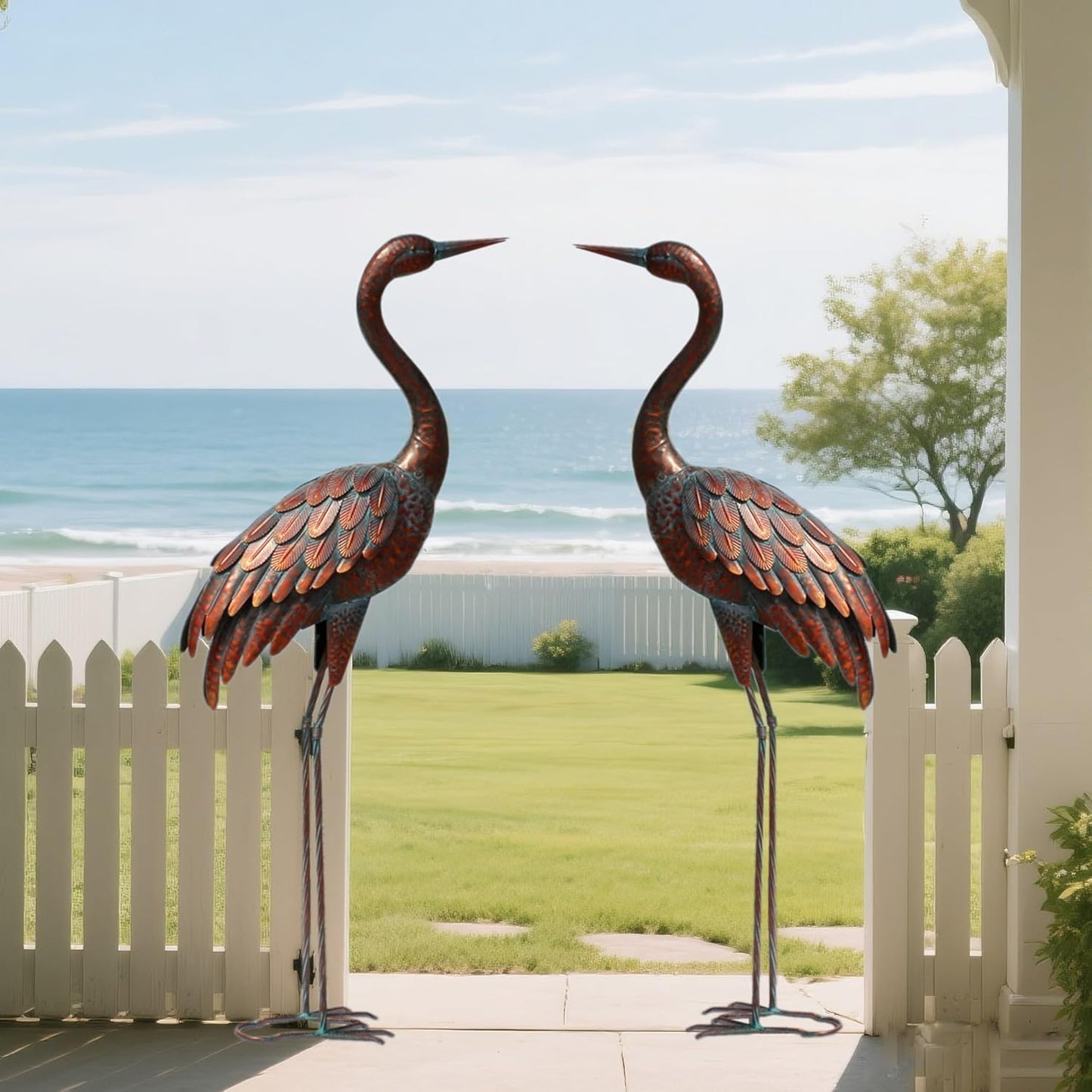 chisheen 2PCS Garden Crane Statues Outdoor Sculptures Metal Yard Art Statue for Garden Decoration Large Size Set of 2