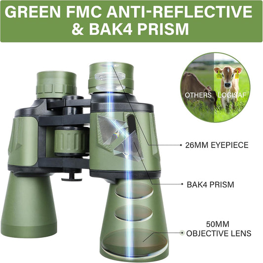 15x50 HD Binoculars Spotting Scope for Birding for Adults High Powered - Large View Compact Binoculars with Low Light Vision, Waterproof Hunting for Bird Watching