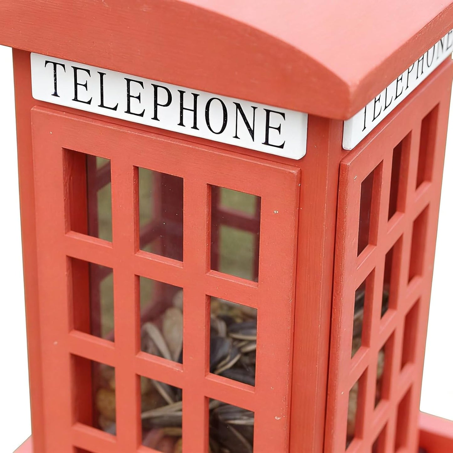 Bird Feeder - Red Telephone Booth Feeder, Spill Resistant Wooden Hanging Birdhouse with Roof Cover, Weatherproof Feeding Function, Ideal for Garden Backyard