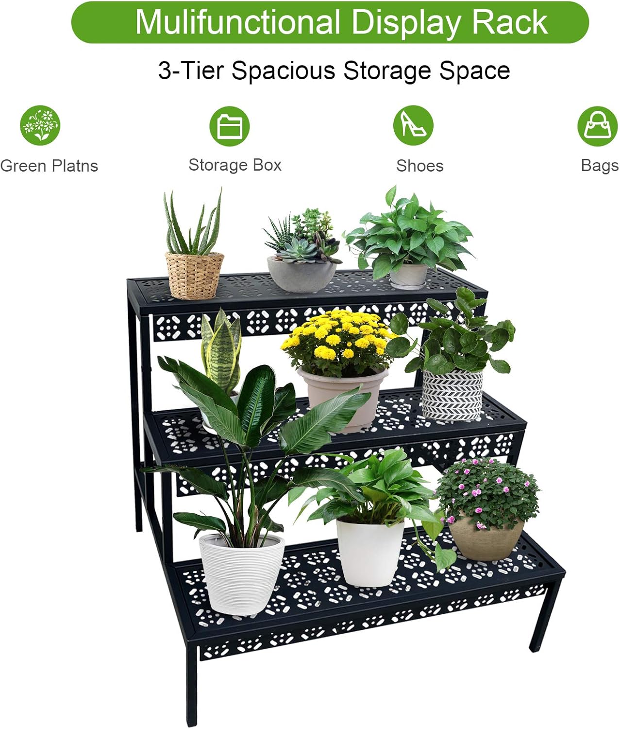 3 Tiers Metal Plant Stand,Rectangular Ladder Flower Pots Outdoor, Indo