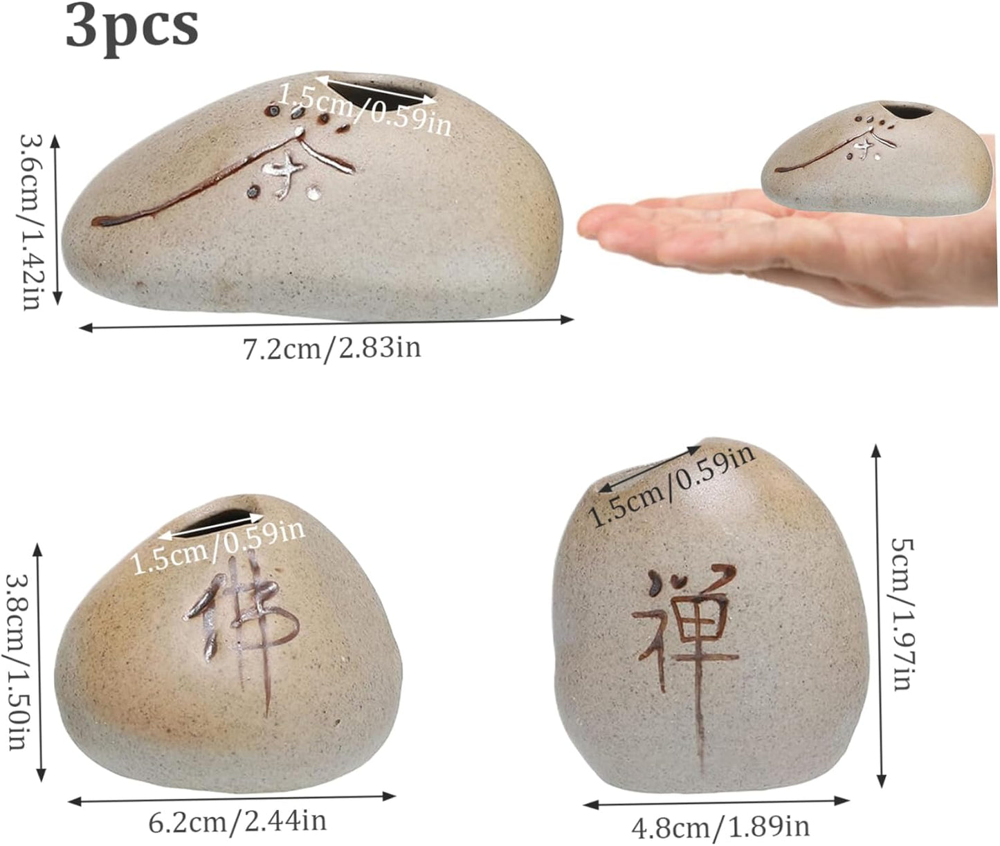 Mini Pots, Mini Planter 3Pcs Chinese Character Flower Pots Zen Stone-L