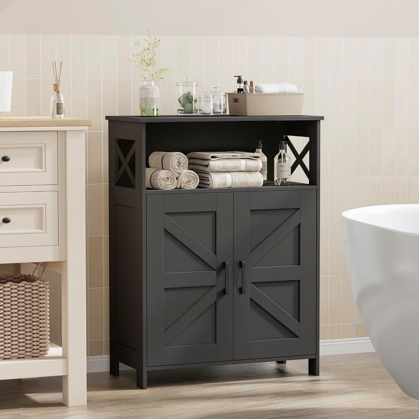 Homhedy Farmhouse Bathroom Storage Cabinet with 2 Doors, Toilet Paper