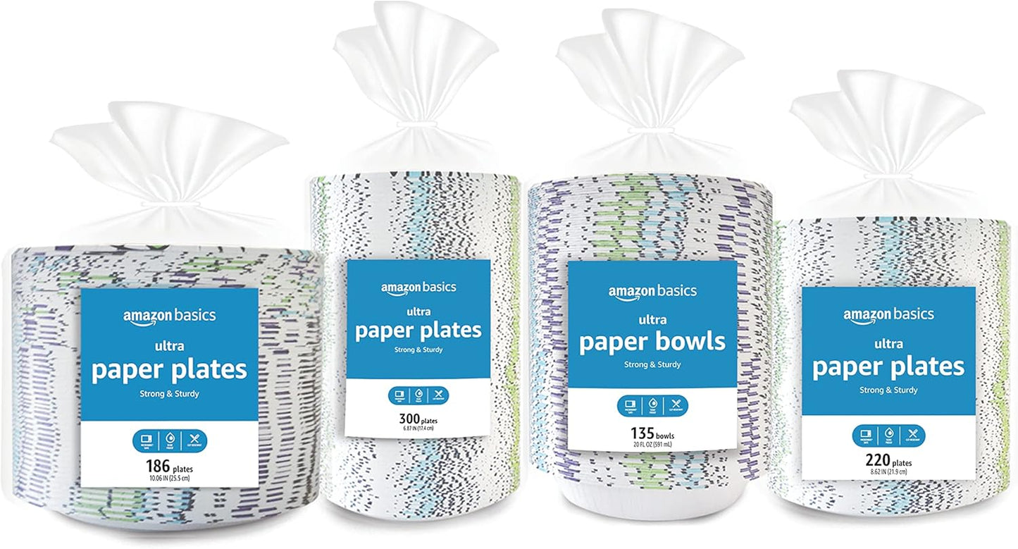Amazon Basics Ultra Paper Plates, 6.87 Inch, Disposable, 600 Count (2 Pack of 300), Microwave-Safe, Soak Proof, Cut Resistant