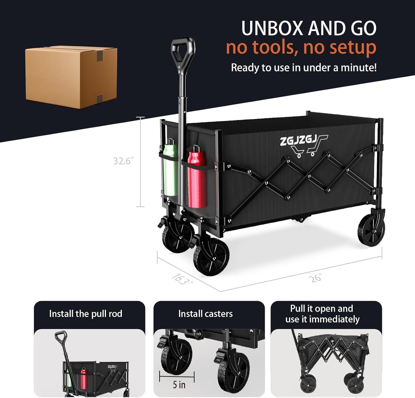 Collapsible Wagon with Wheels, Heavy Duty Folding Utility Cart with Wheels for Shopping, Garden Work, Cargo Transport, Easy Storage and Maneuver