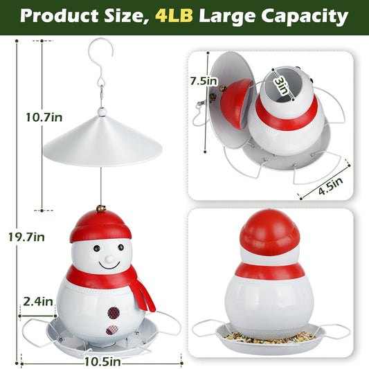 Bird Feeder for Outdoor Hanging, Heavy Duty Metal Wild Bird Feeder with Squirrel Proof Baffle for Outside Hanging, Large Capacity Birdfeeder Garden Yard Decoration, Cute Snowman Shaped