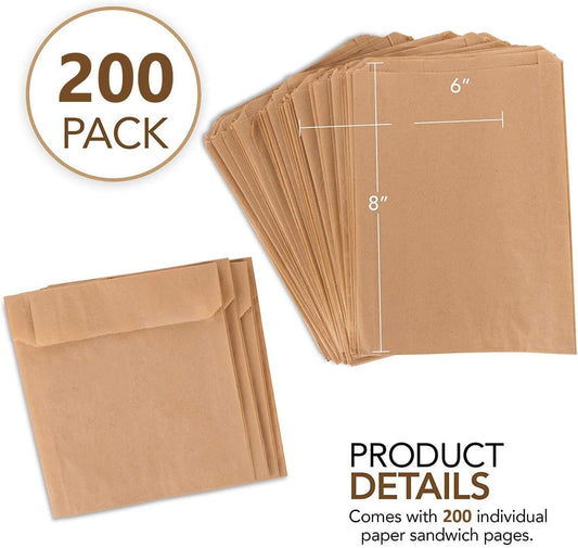 Paper Sandwich Bags Kraft Brown (200 Pack), Commercially Compostable Food Grade Unbleached Kraft Paper for Bakery, Cookies, Treats, Snacks, Sandwiches