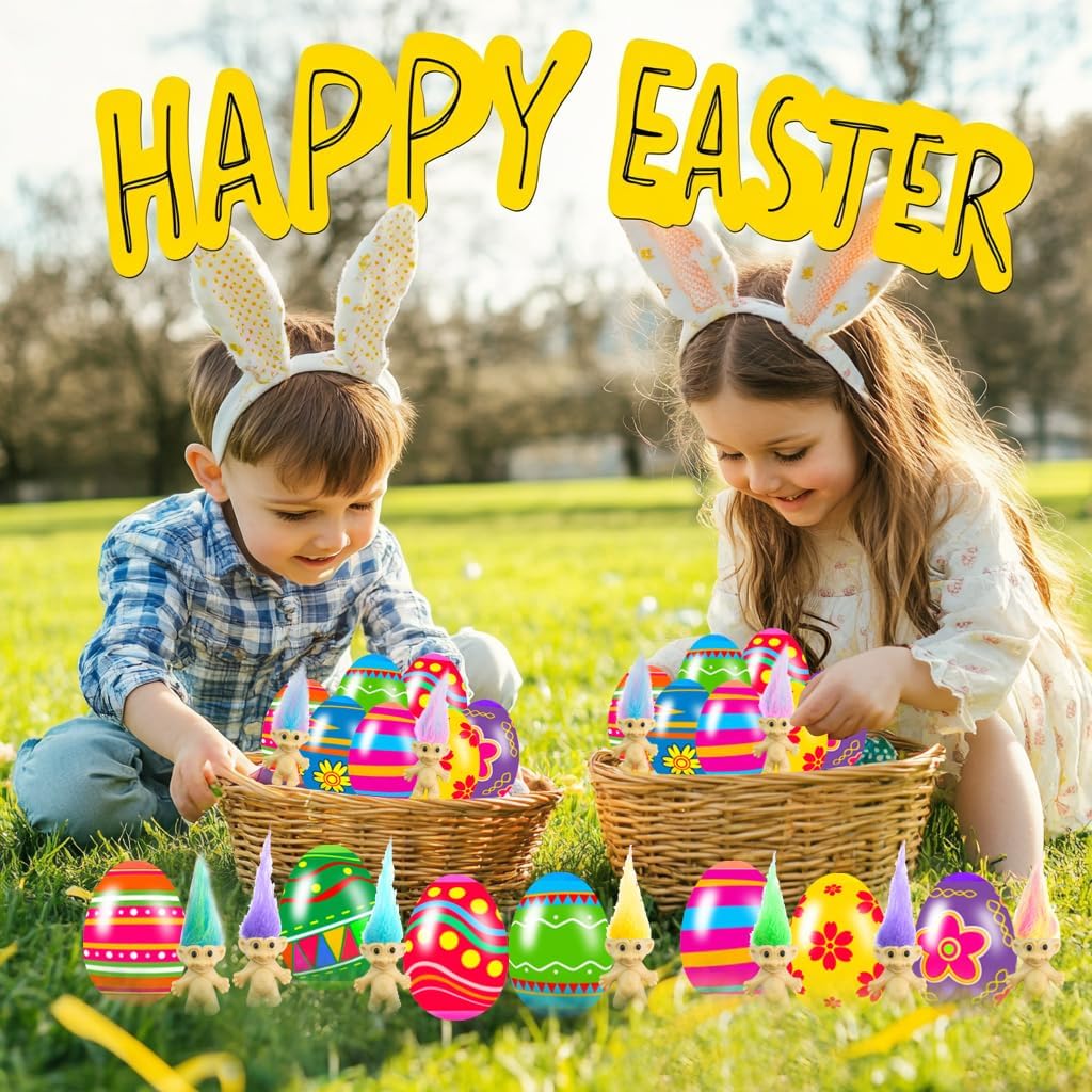 24 PCS Prefilled Easter Eggs with Mini Toys Inside Vintage Lucky Dolls Action Figures for Kids Boys Girls Easter Basket Stuffers Party Favors Easter Egg Fillers Hunt