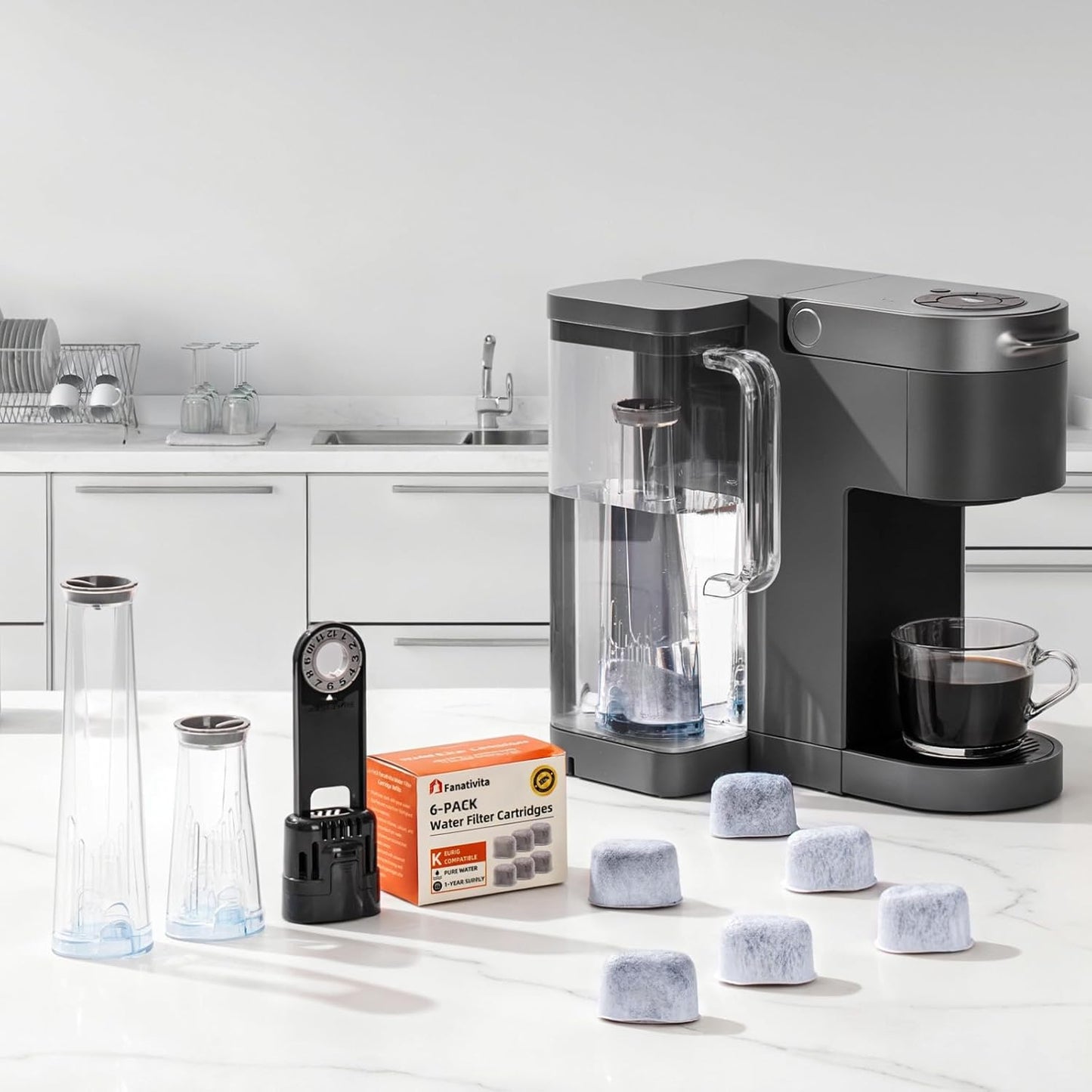 Keurig 스타터 키트 교체품, K-Classic, K-Express, K-Supreme, K-Slim, K-Iced, K-Elite - 20.3cm(8인치) 이상의 높은 저장소가 있는 모든 큐리그 브루어와 호환 (톨 필터 홀더 + 정수 필터 2개)