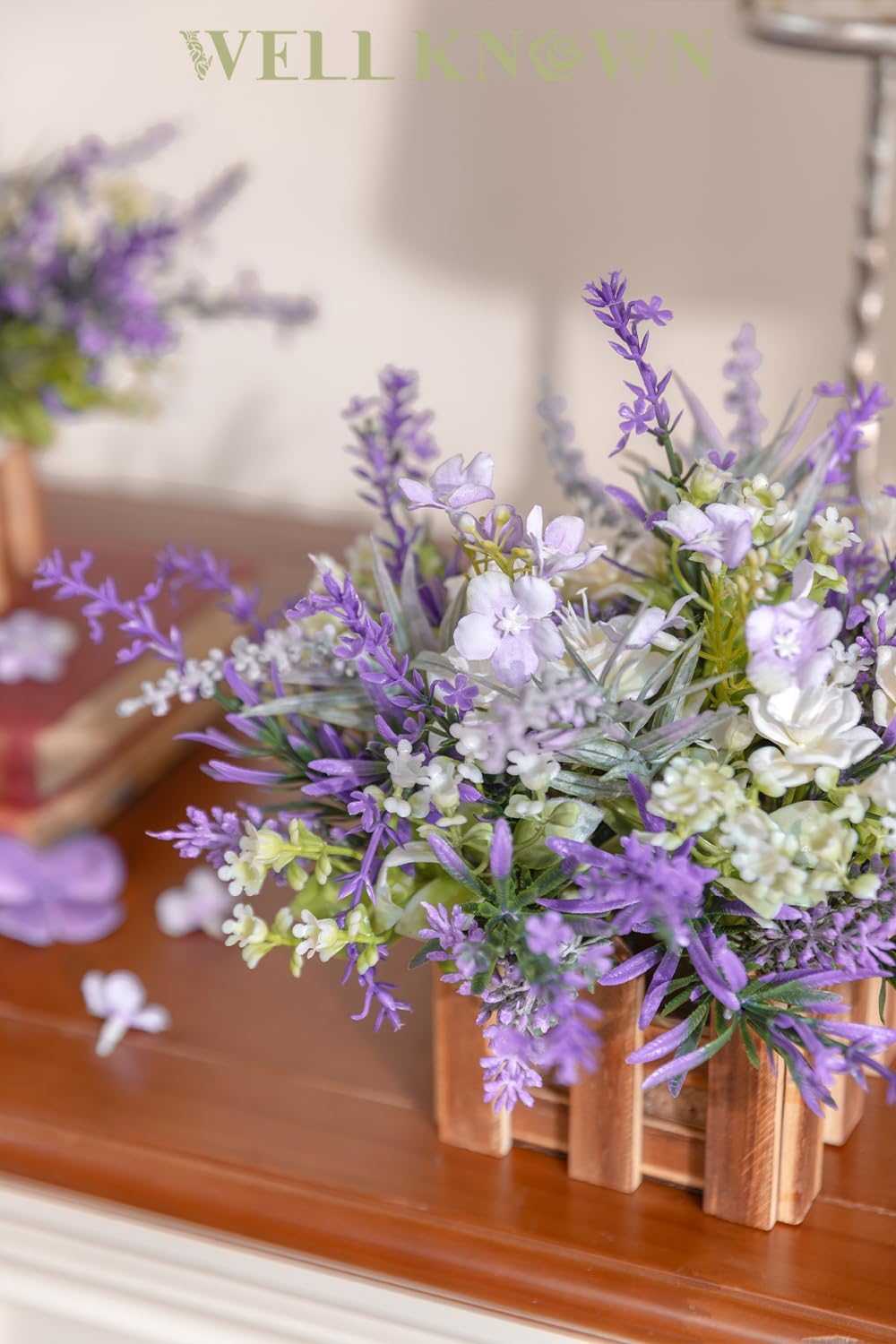 WELL KNOWN Artificial Lavender Plants in Wooden Baskets, Artificial Mini White Flower Arrangement in Planter for Home Hotel Office Table Wedding Centerpieces & Gift(Set of 2)