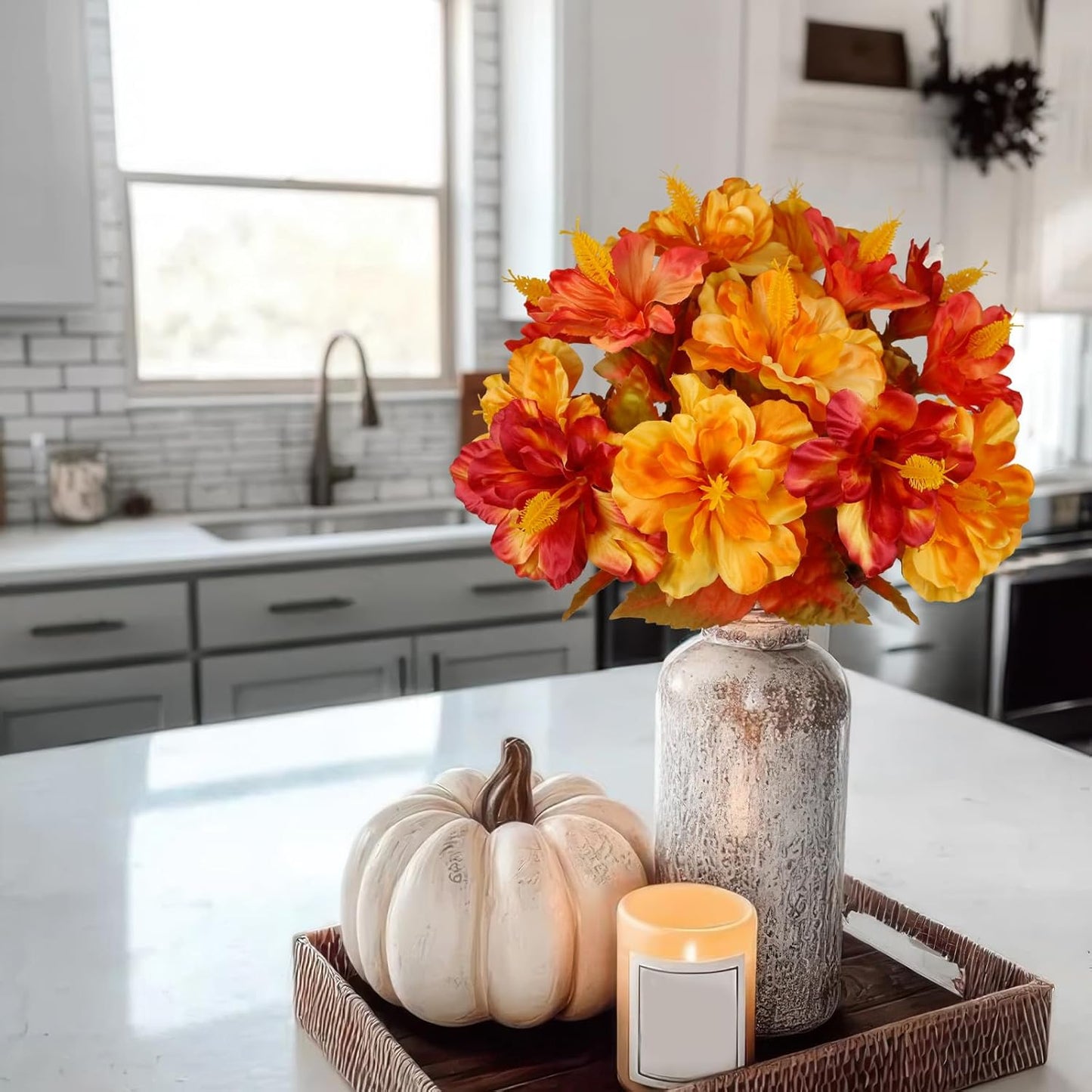 2 Pcs Fake Fall Flowers Artificial Plants for Outdoors Decoration Autumn Silk Hibiscus Flower Realistic Faux Fall Flowers for Outdoor Planters Outside Pot Balcony Yard Porch Cemetery Decor
