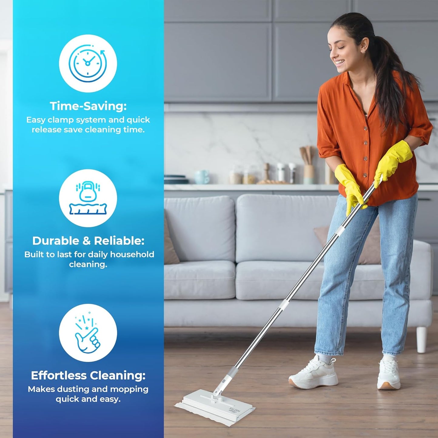 FlexiClamp Sweep & Mop Kit - Compatible with Swiffer Pads, Durable Cleaning Tool for Hardwood, Tile, Marble & Laminate Floors, Home, Kitchen Cleaning Essentials. (Include 10 Dry Cloths)