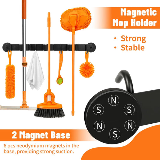 Magnetic Broom Holder Wall Mount with 4 Hooks and 3 Rack- Heavy Duty Non-Slip Mop Hanger for Wet Mops &Cleaning Tools on Refrigerator,Metal Door,Garage,Kitchen (3Racks 4Hooks)