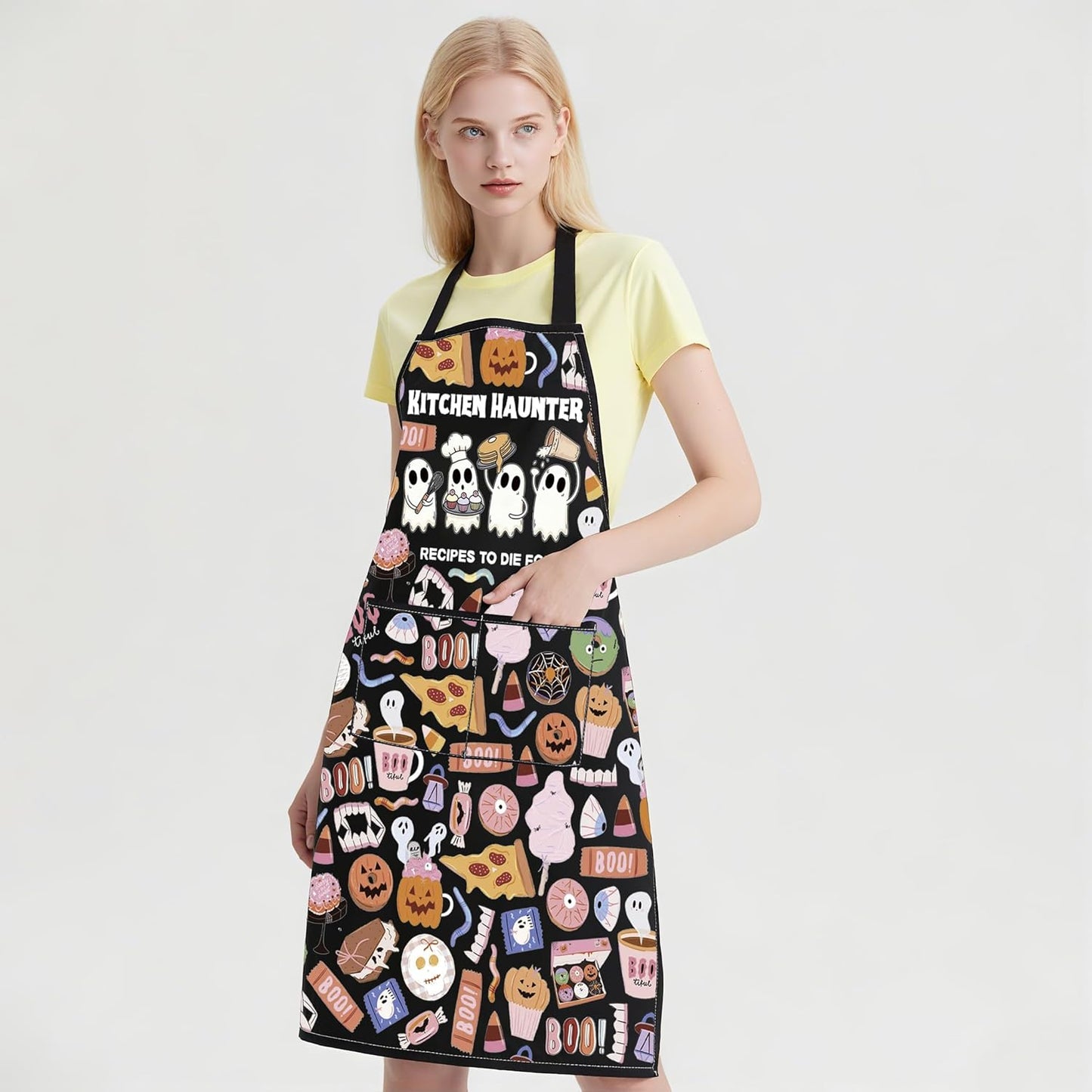 WCGXKO Kitchen Haunter Recipes to Die for Kitchen Apron Cute Ghost Gift for Fall & Halloween Lover