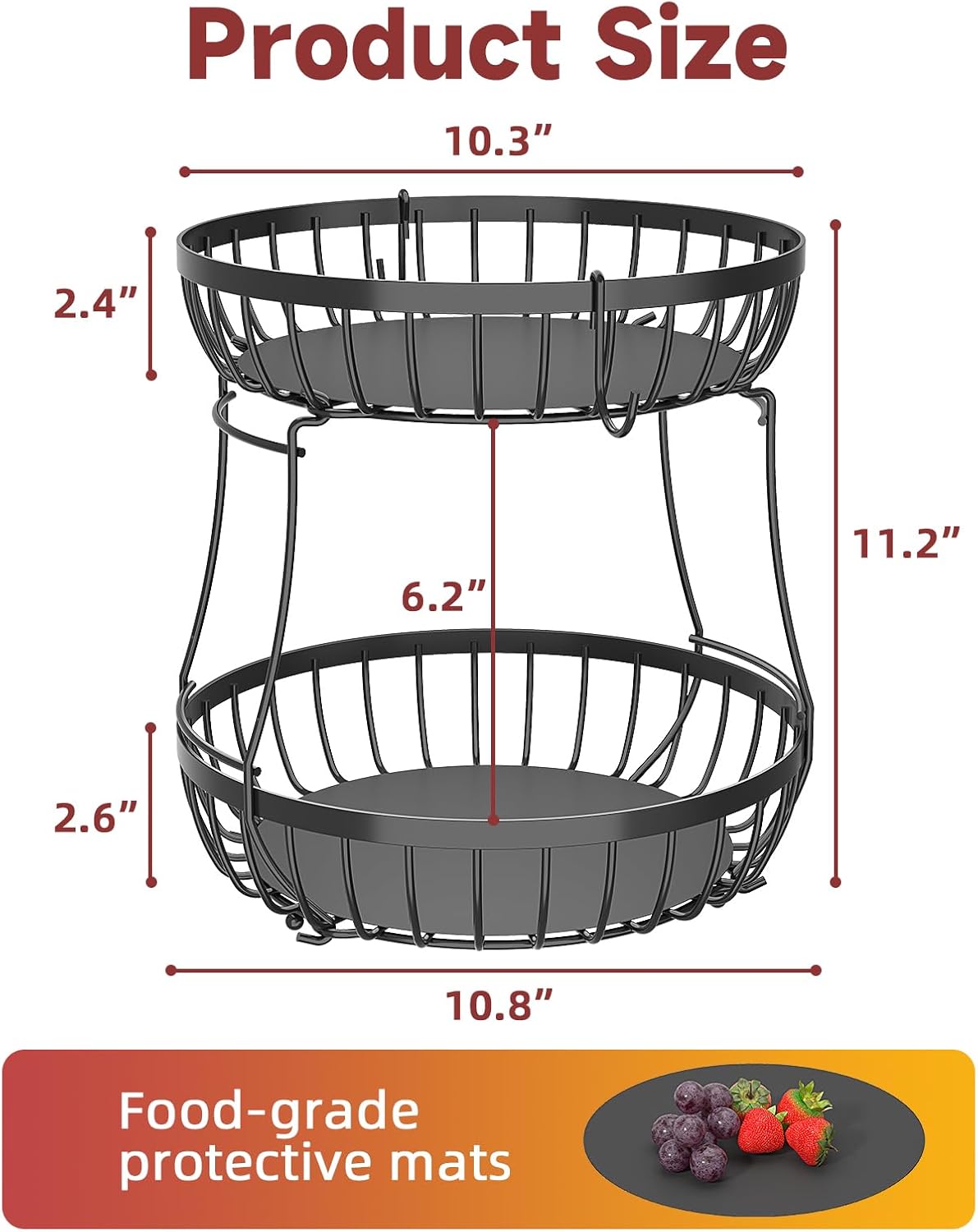 2 Tier Large Fruit Basket for Kitchen Counter with 2 Banana Hangers, M