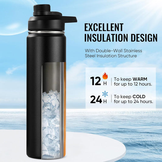 24 oz Insulated Water Bottle with Handle, 304 Stainless Steel Water Bottles with Wide Mouth, Double Wall Vacuum Sports Water Bottle, BPA Free, Keep Cold and Hot, Black | with Handle, Water Bottles, Wide Mouth, Double Wall Vacuum, Sports Water Bottle, BPA
