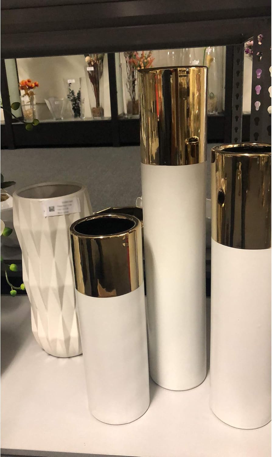 WGV Ceramic Cylinder Vase Width 4" Height 20" Elegant Unique Modern Matte Floral Container Planter Pot Centerpiece for Event Party Wedding Office Home Decor Gold White 1 Piece