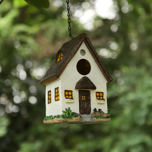 White Resin Cottage Bird House Brown Roof, 1.5" Entry Hole for Small Birds Wrens Sparrows, Rustic Cottage Style Nesting Box, Weatherproof Backyard Garden Decoration