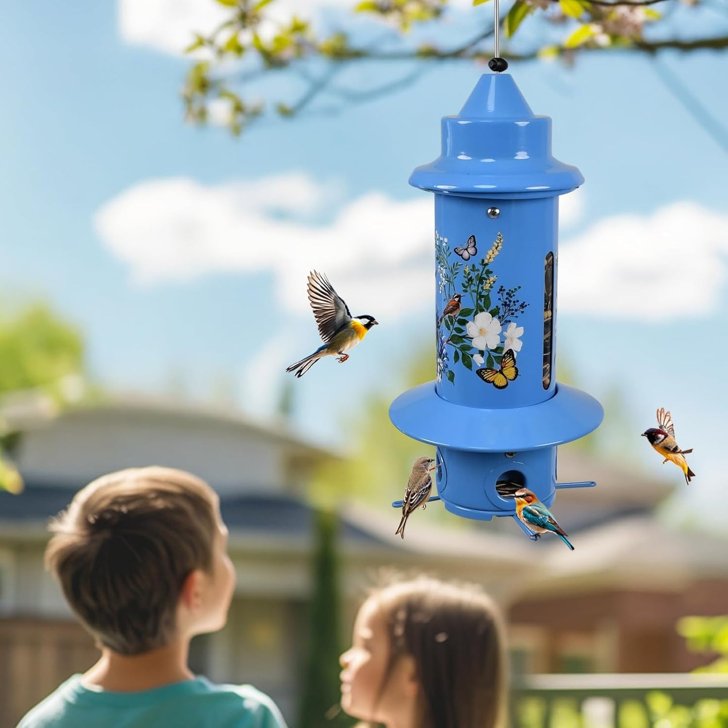 Squirrel Proof Bird Feeders, Long Lasting Bird Feeder for Outdoors, Reliable and Rust Resistant Metal Station for Prevents Squirrels from Stealing Food,5LB Large Capacity,Blue