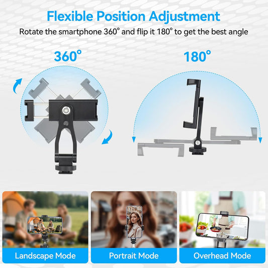 UTEBIT Universal Phone Tripod Mount with Cold Shoe Mount, 1/4" Thread 180° Tilt 360° Rotation Support Vertical and Horizontal, Adjustable Phone Clamp Holder for iPhone 17 16 15 14, for Samsung Galaxy
