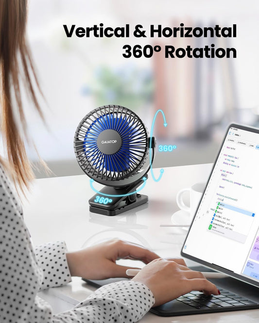 Gaiatop Portable Clip on Fan Battery Operated, Small Powerful 3 Speed Quiet 360Β° Rotate, USB Rechargeable Mini Personal Cooling Fan for Desk Table Home Office Stroller Camping Women Gifts Black Blue