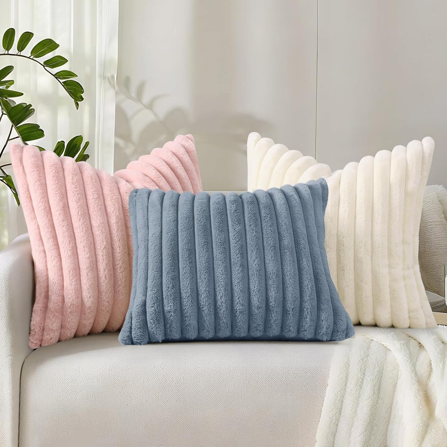 decorUhome Cozy Faux Fur Spring Throw Pillow Covers 18x18 Set of 2 Decorative Soft Plush Striped Modern Farmhouse Boho Couch Pillow Cases with Velvet Back for Sofa Bed Living Room, Cream White