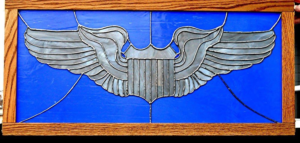 Stained Glass Air Force Pilot Wings Framed in Oak Ready to Hang