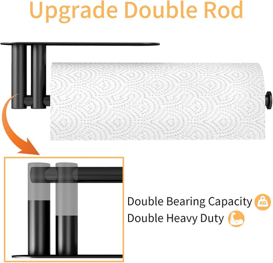Under Cabinet Paper Towel Holder for Kitchen, Upgraded Heavy Duty Double Pole Design, Both Available in Adhesive & Screws, Self-Adhesive Bar Rack for Kitchen Towel, Stainless Steel, Black