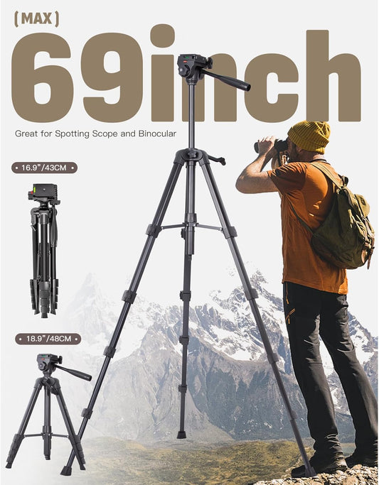 69” Tripod for Spotting Scopes, Binocular & Camera, Includes Binocular Adapter, 2 QR Plates, Phone Holder & Carry Bag, Ideal for Bird Watching, Hunting, Wildlife Viewing & Target Shooting