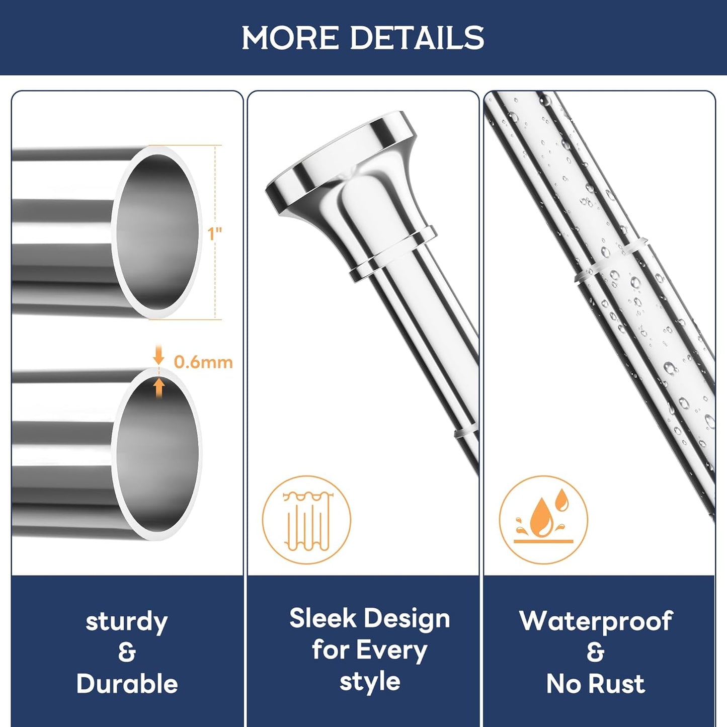 Shower Curtain Rod, 31-80 Inches Adjustable Tension Rod, 1-Inch Diameter Heavy Duty Rustproof Stainless Steel, No-Drill Spring Rod for Bathroom, Kitchen and Closet, Silver