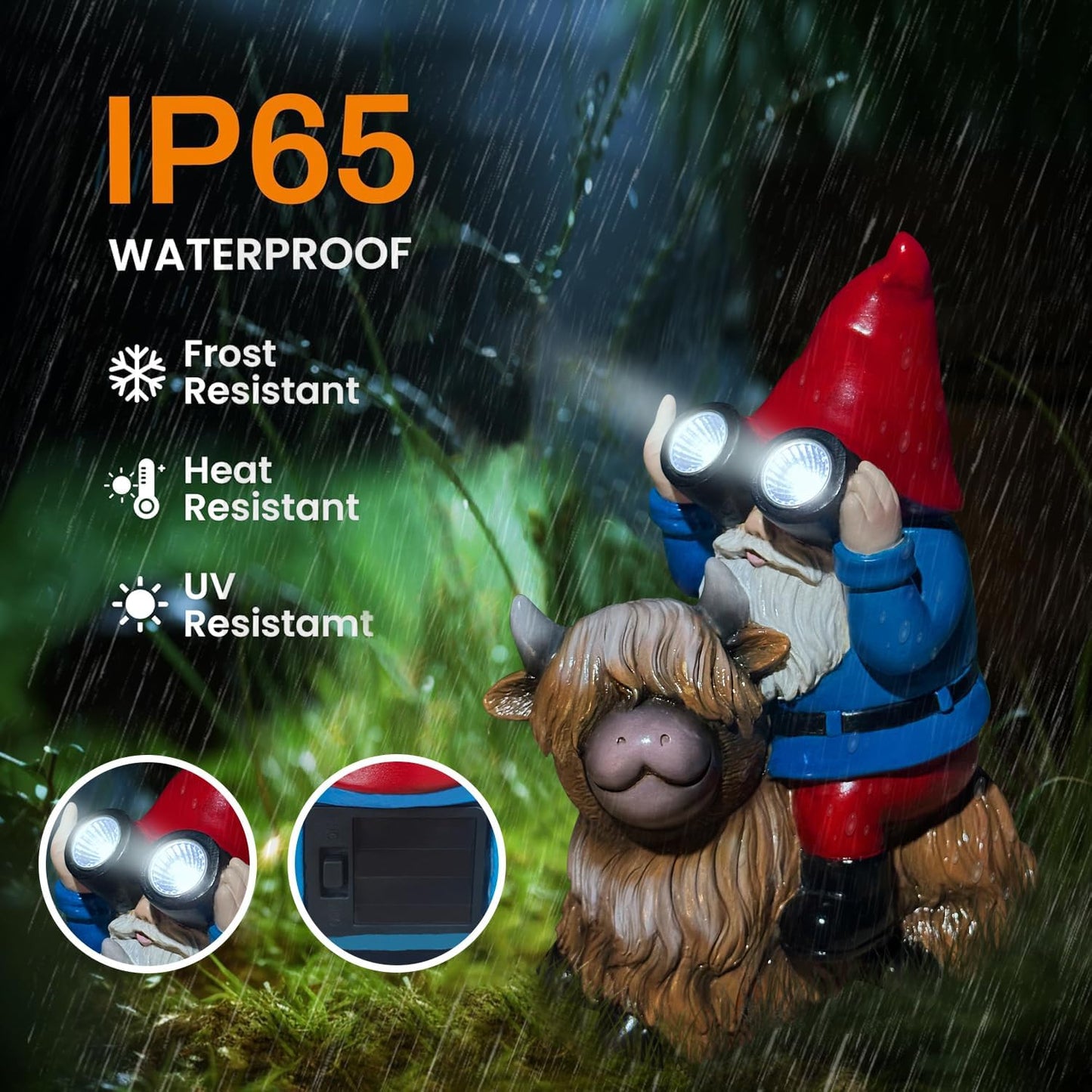 Christmas Gnome Decorations Statue - Garden Gnomes Solar LED Telescope Lights Sitting on Highland Cow Outdoor Patio Lawn Yard Balcony Home Decor Gnomes Gifts for Women Mom