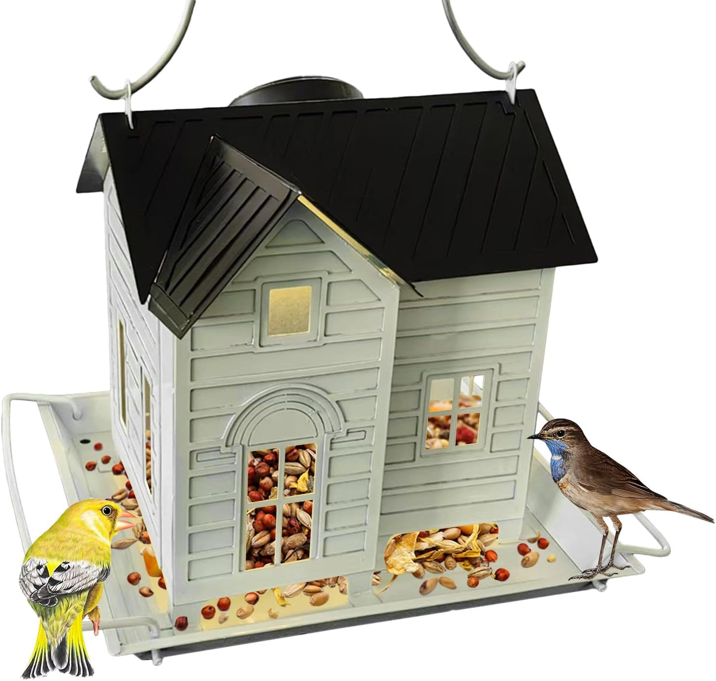 Solar Cabin Bird Feeder, Birdhouse Bird Feeders for Outdoors Hanging, Metal Finch Food Dispenser with Solar Powered Lantern for Garden, Balcony, Patio
