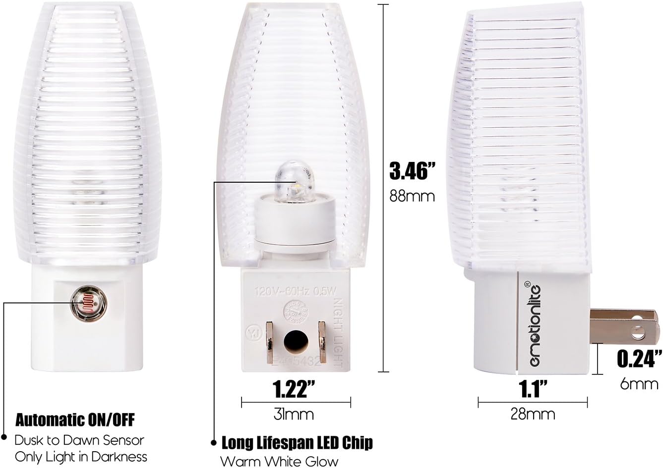 Emotionlite Plug in Night Light, Warm White LED Nightlight, Dusk to Dawn Sensor, Kids, Nursery, Bedroom, Bathroom,Hallway, Stairs, Kitchen, 4 Pack