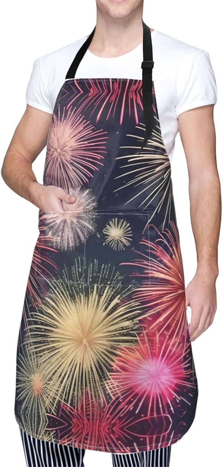 Beautiful Firework Print Laundry apron 28x33 In Waterproof Kitchen Apron with Pockets for Cooking Baking