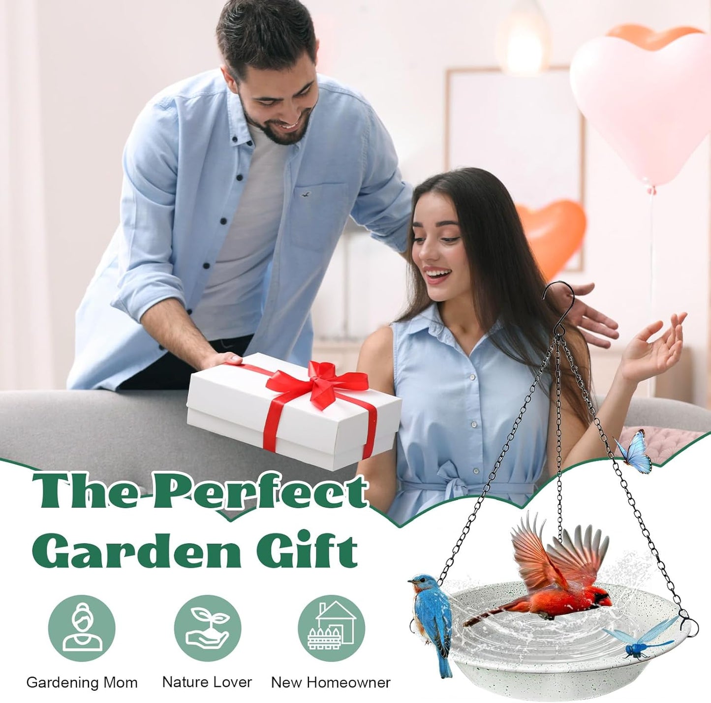 Metal Hanging Bird Bath for Outdoors,Gray Speckled Granite Look–Rust Proof Bird Water Bowl with Magnetic Dragonfly Decor,11.4 Inch Shallow Feeder Tray for Garden & Yard