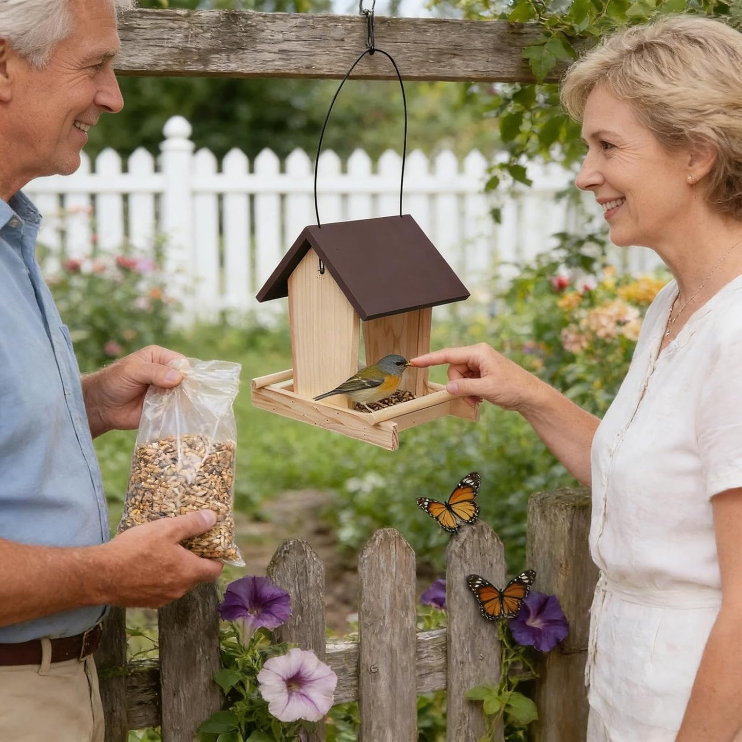 Wooden Bird Feeder, Treat Bowl with Standing Pole, Top Rope Hanging Bird House Feeder, Outdoor Accessory for Balcony Patio Garden Backyard Fence Birds Watching Pet Lover Wildlife Viewing