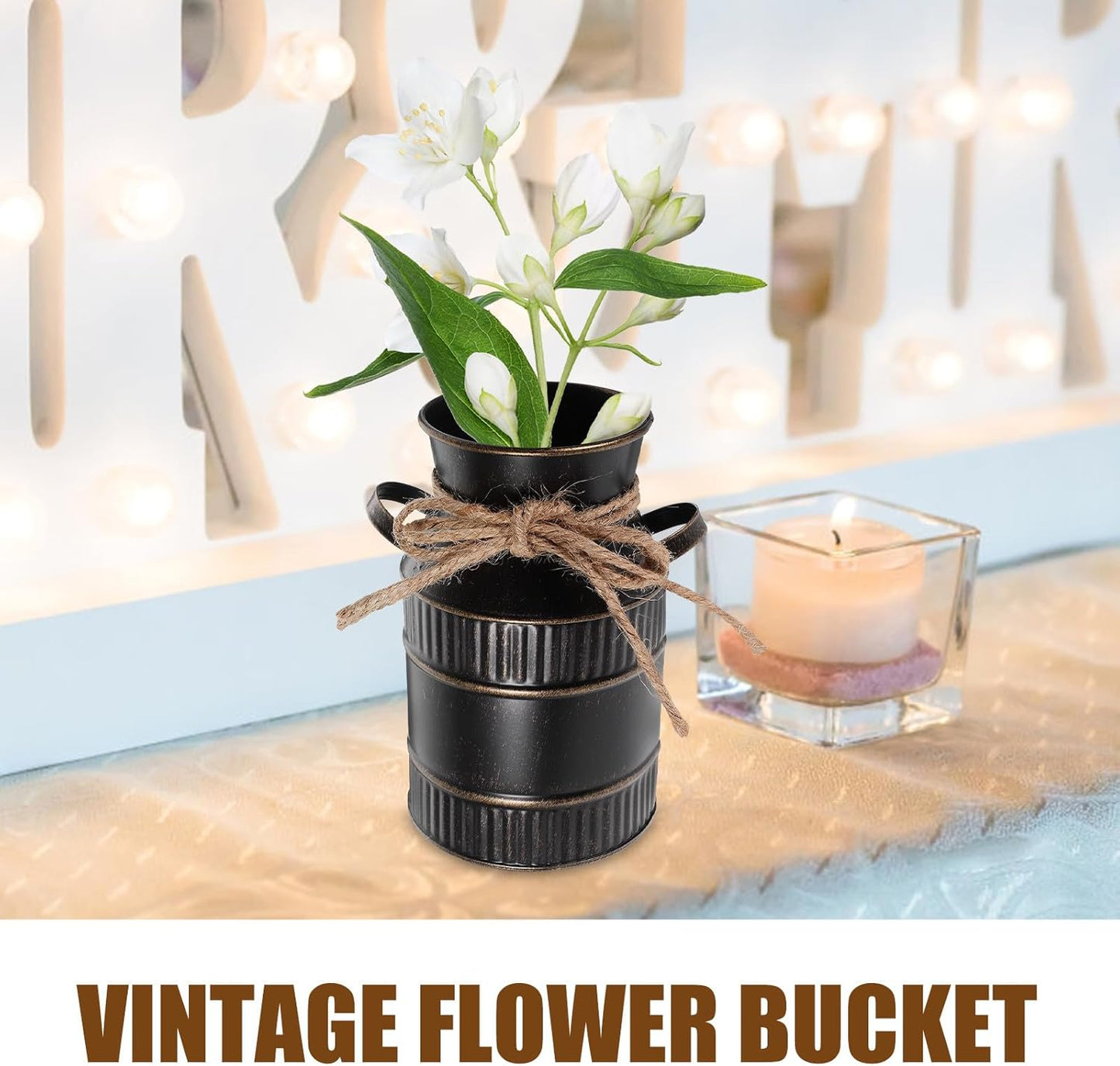 BESTOYARD Retro Iron Bucket Flower Vase Handle, Rustic Metal Milk Jug